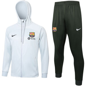 Mens Barcelona Hoodie Jacket + Pants Training Suit Light Grey 2023/24