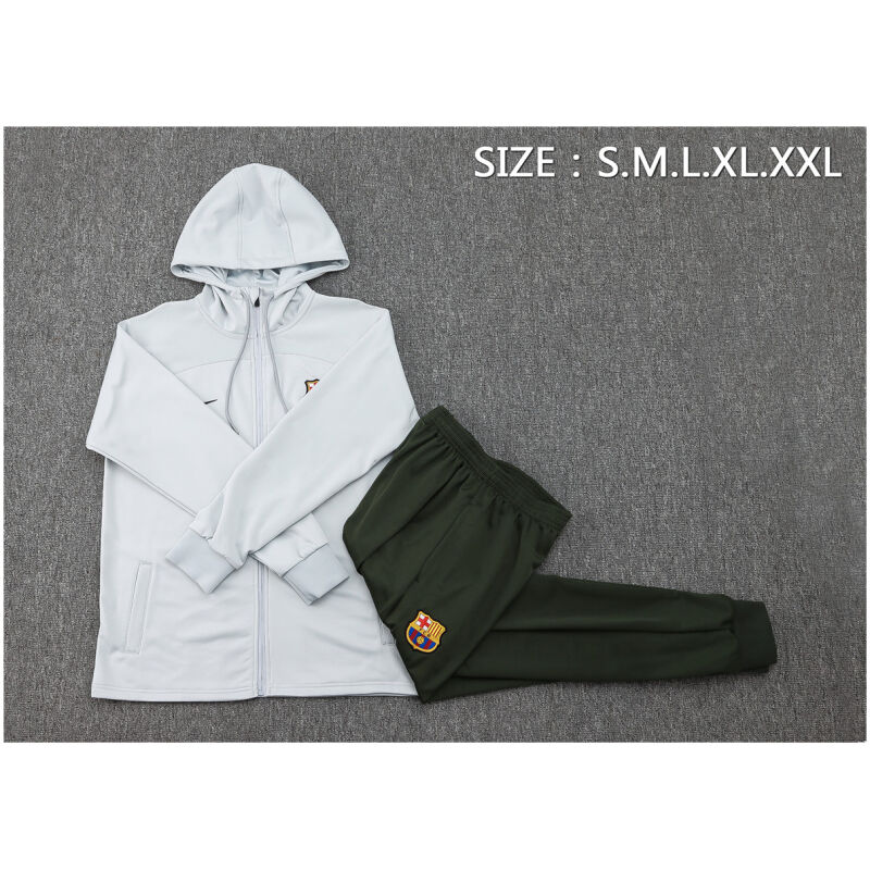Mens Barcelona Hoodie Jacket + Pants Training Suit Light Grey 2023/24