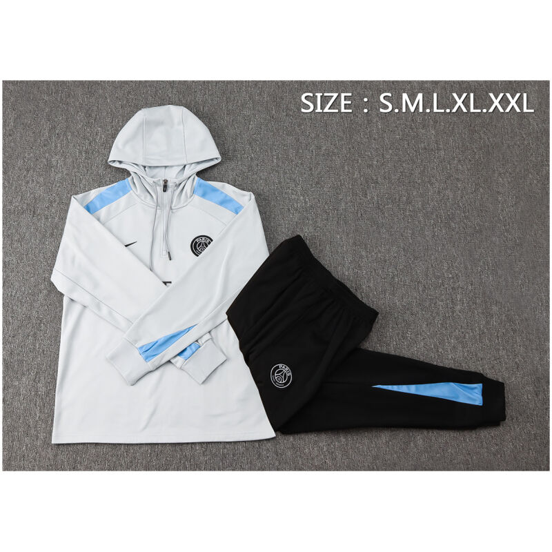 Mens PSG Hoodie Sweatshirt + Pants Training Suit Light Grey 2024/25