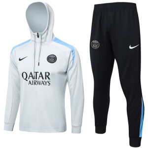 Mens PSG Hoodie Sweatshirt + Pants Training Suit Light Grey 2024/25