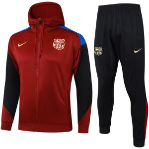 Mens Barcelona Hoodie Jacket + Pants Training Suit Burgundy 2024/25