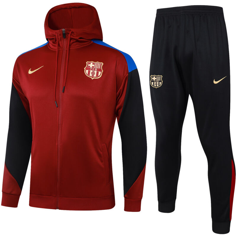 Mens Barcelona Hoodie Jacket + Pants Training Suit Burgundy 2024/25