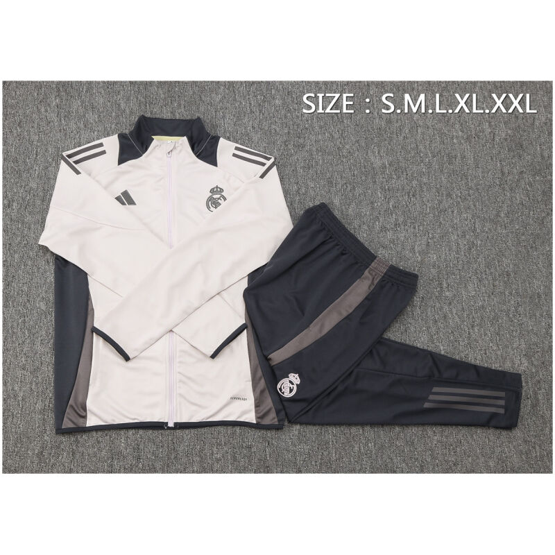 Mens Real Madrid Jacket + Pants Training Suit Light Grey 2024/25