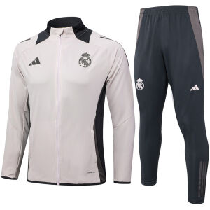 Mens Real Madrid Jacket + Pants Training Suit Light Grey 2024/25