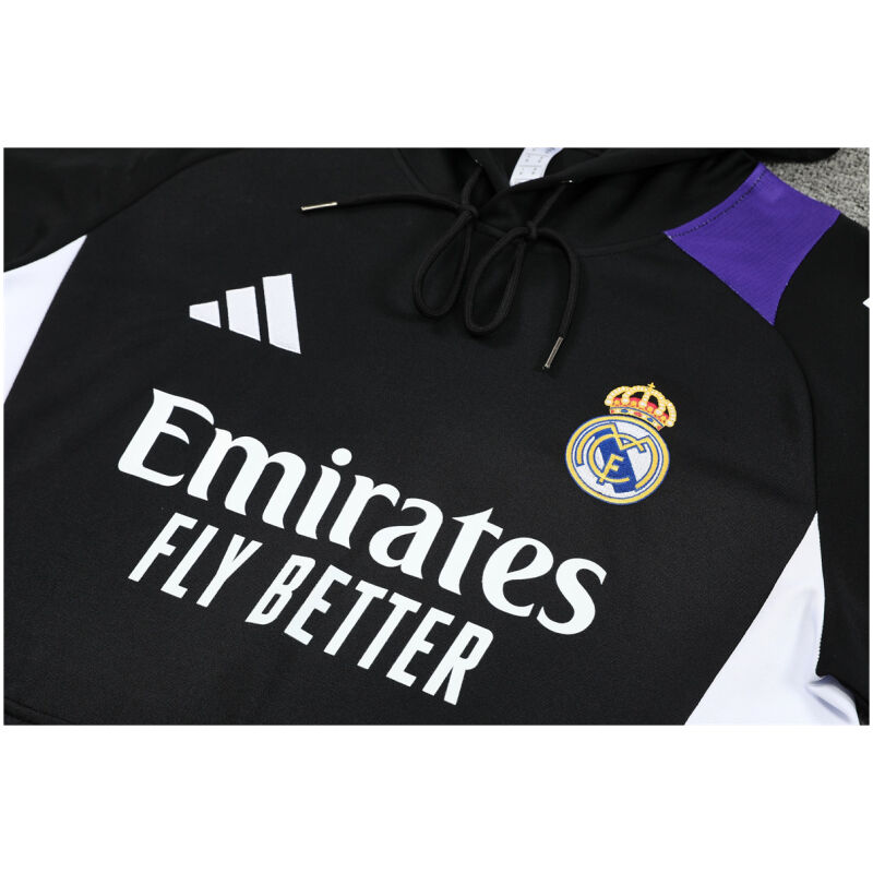 Mens Real Madrid Hoodie Sweatshirt + Pants Training Suit Black 2024/25