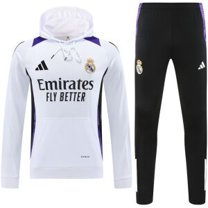 Mens Real Madrid Hoodie Sweatshirt + Pants Training Suit White III 2024/25