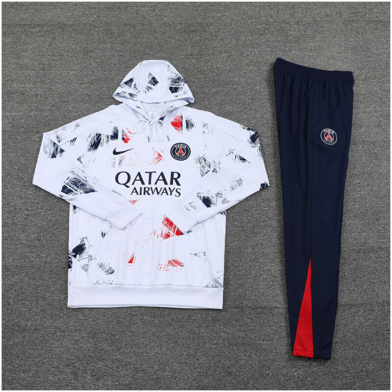 Mens PSG Hoodie Sweatshirt + Pants Training Suit White Patterns 2024/25