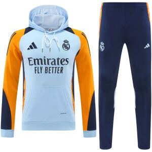 Mens Real Madrid Hoodie Sweatshirt + Pants Training Suit Light Blue 2024/25