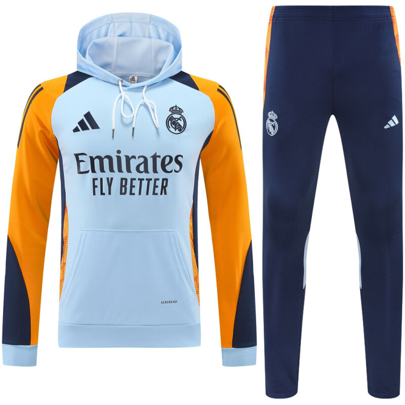 Mens Real Madrid Hoodie Sweatshirt + Pants Training Suit Light Blue 2024/25