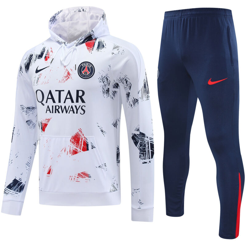 Mens PSG Hoodie Sweatshirt + Pants Training Suit White Patterns 2024/25