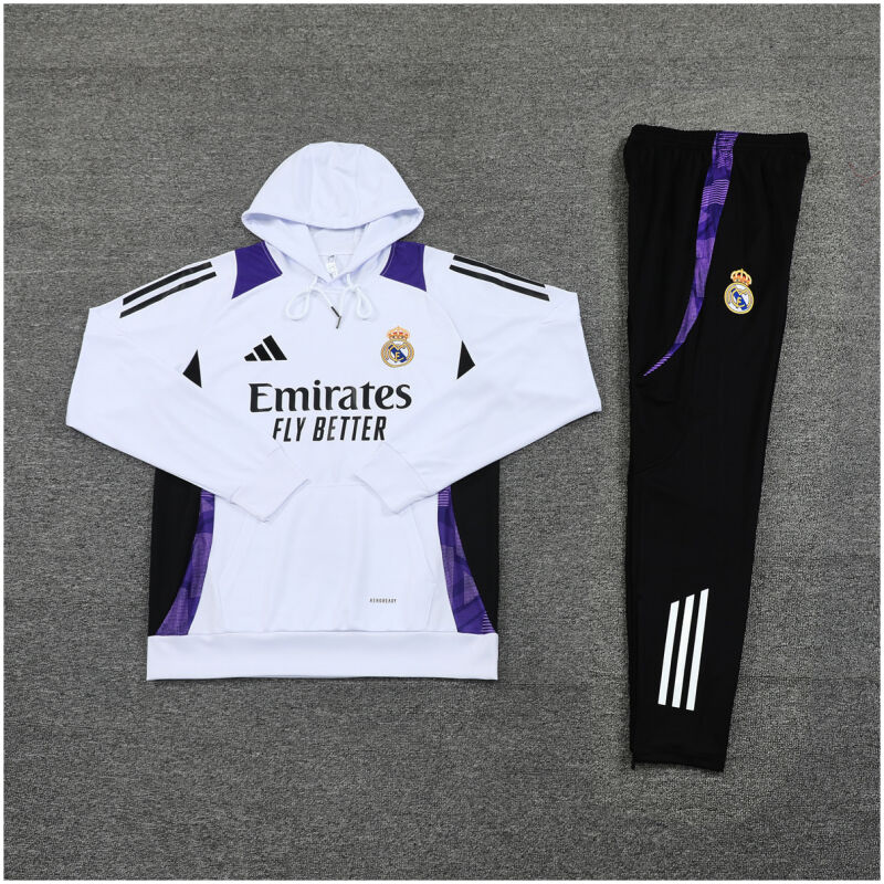 Mens Real Madrid Hoodie Sweatshirt + Pants Training Suit White III 2024/25