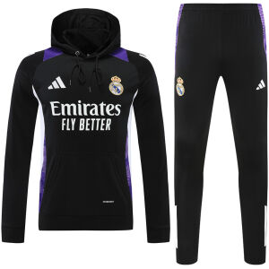 Mens Real Madrid Hoodie Sweatshirt + Pants Training Suit Black 2024/25