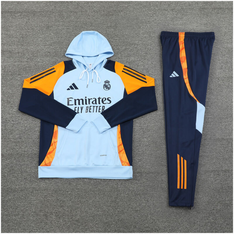 Mens Real Madrid Hoodie Sweatshirt + Pants Training Suit Light Blue 2024/25