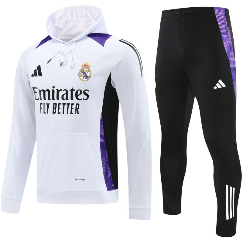 Mens Real Madrid Hoodie Sweatshirt + Pants Training Suit White III 2024/25