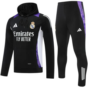 Mens Real Madrid Hoodie Sweatshirt + Pants Training Suit Black 2024/25