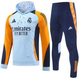 Mens Real Madrid Hoodie Sweatshirt + Pants Training Suit Light Blue 2024/25