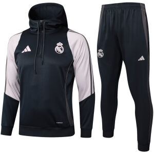 Mens Real Madrid Hoodie Sweatshirt + Pants Training Suit Dark Grey 2024/25