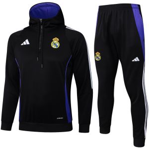 Mens Real Madrid Hoodie Sweatshirt + Pants Training Suit Black 2024/25