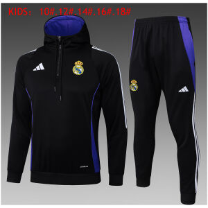 Kids Real Madrid Hoodie Sweatshirt + Pants Suit Black 2024/25