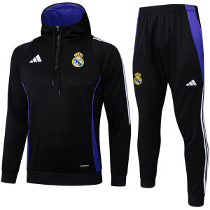 Mens Real Madrid Hoodie Sweatshirt + Pants Training Suit Black 2024/25
