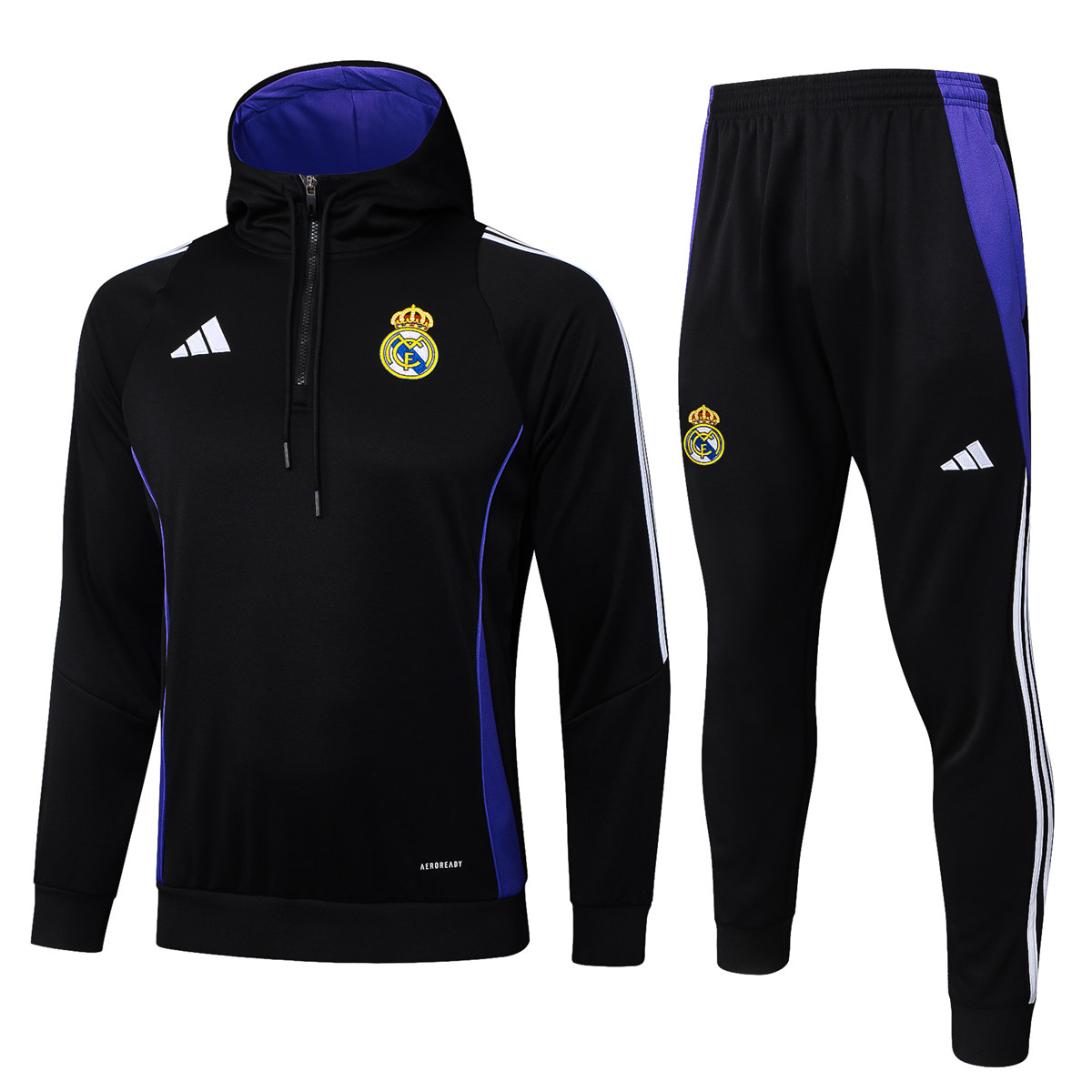 Mens Real Madrid Hoodie Sweatshirt + Pants Training Suit Black 2024/25