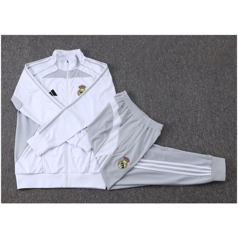 Kinder Real Madrid Jacke + Hose Trainingsanzug Weiß – Grau 2025/26-günstige Trikots