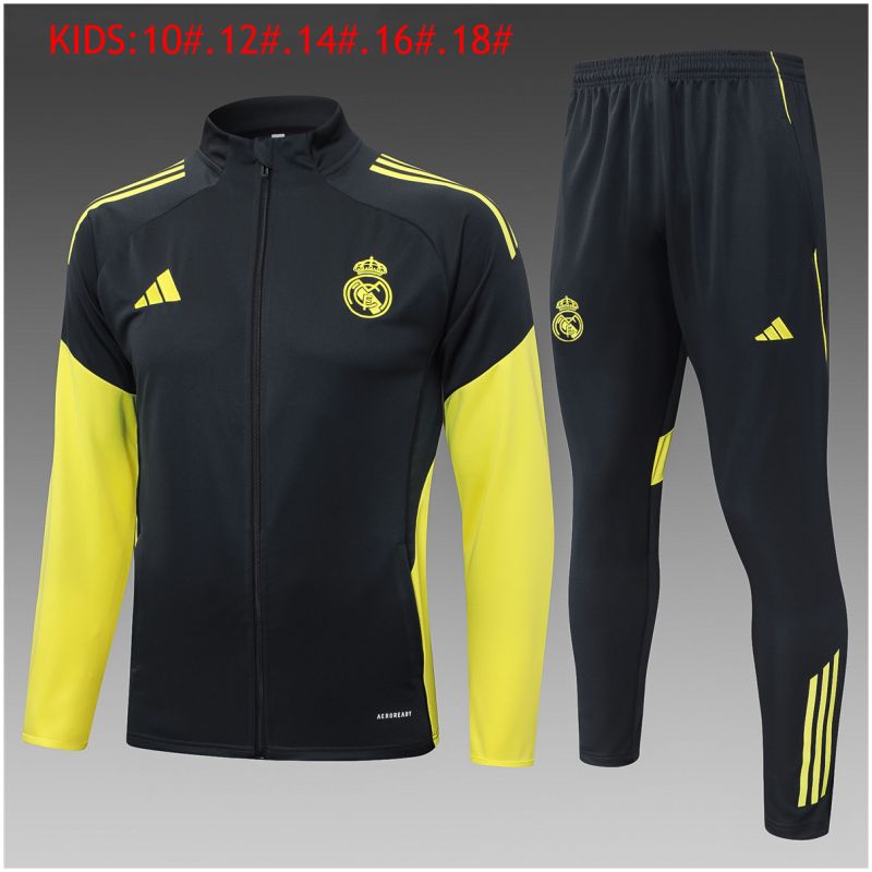 Kids Real Madrid Jacket + Pants Training Suit Grey – Yellow 2025/26