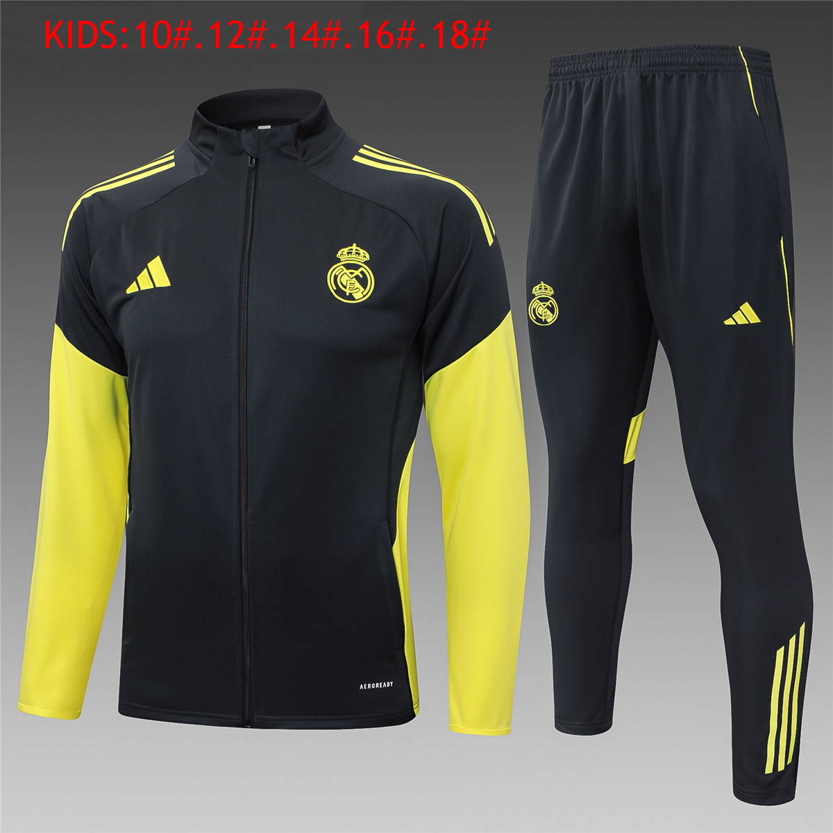Kids Real Madrid Jacket + Pants Training Suit Grey – Yellow 2025/26