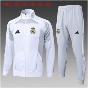 Kinder Real Madrid Jacke + Hose Trainingsanzug Weiß – Grau 2025/26-günstige Trikots