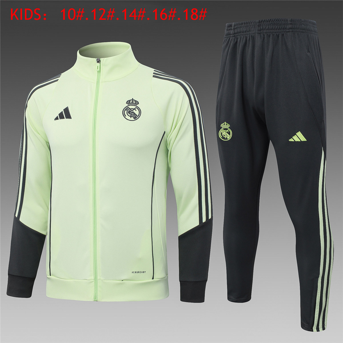 Kids Real Madrid Jacket + Pants Suit Light Green 2025/26 Kids Real Madrid Jacket + Pants Suit Light Green 2025/26