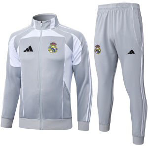 Mens Real Madrid Jacket + Pants Training Suit Light Grey 2025/26