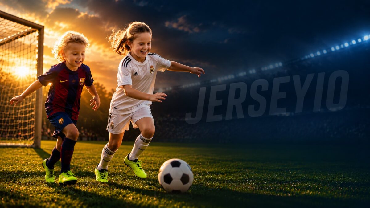 jerseyio Kids playing football wearing affordable soccer jerseys and kids fan football kits at sunset stadium