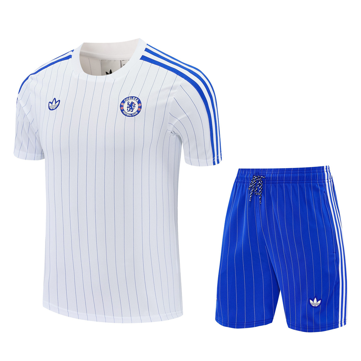 Mens Chelsea Short Training Suit White 2025/26 Mens Chelsea white short training suit top and royal blue pinstriped shorts front view