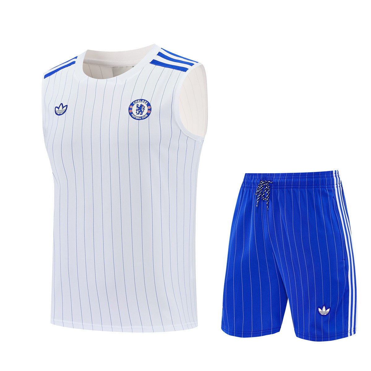 Mens Chelsea Singlet Suit White 2025/26 Mens Chelsea white singlet suit 2025/26 sleeveless pinstripe top with blue shorts