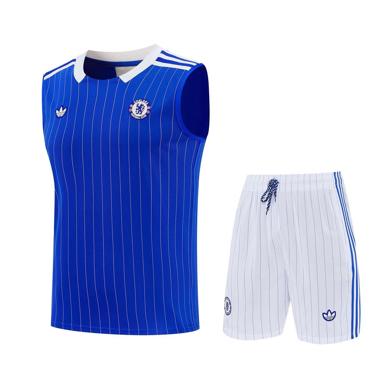 Mens Chelsea Singlet Suit Blue 2025/26 Mens Chelsea blue sleeveless singlet top and white pinstriped shorts training set front view