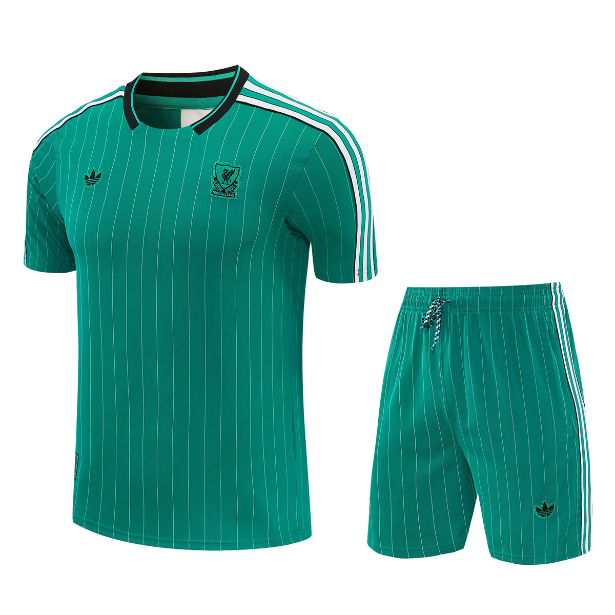 Mens Liverpool Short Training Suit Green 2025/26 Mens Liverpool green short training suit 2025/26 top and shorts with white pinstripes