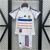 Kids World Cup France Retro Away Kit 1998 front view on hanger showing two-piece shirt and shorts set