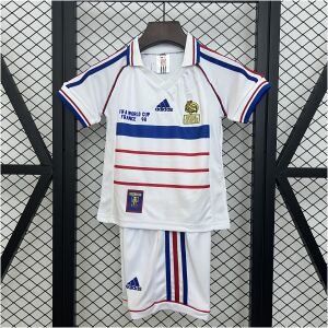 Kids World Cup France Retro Away Kit 1998 Kids World Cup France Retro Away Kit 1998 front view on hanger showing two-piece shirt and shorts set