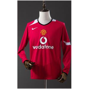Mens Manchester United Retro Long Sleeve Home Jersey 2004/06 on mannequin showing red body with vodafone sponsor