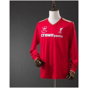 Mens Liverpool v Retro Long Sleeve Home Jersey 1986/87 on mannequin showing red body with 1986 Wembley embroidery