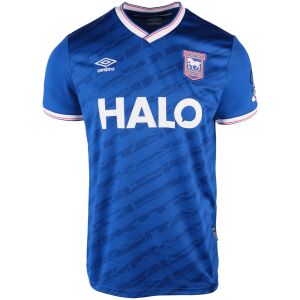 Mens Ipswich Town 2025/26 home jersey in royal blue with white V-neck front view
