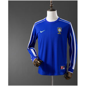 Mens World Cup Brazil Retro Long Sleeve Away Jersey 1998 front view on mannequin showing royal blue long sleeves