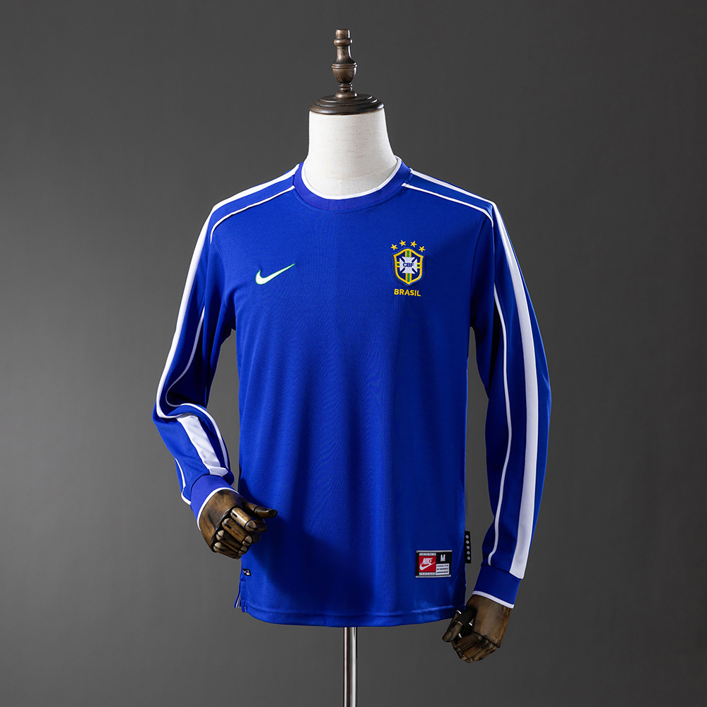 Mens World Cup Brazil Retro Long Sleeve Away Jersey 1998 Mens World Cup Brazil Retro Long Sleeve Away Jersey 1998 front view on mannequin showing royal blue long sleeves