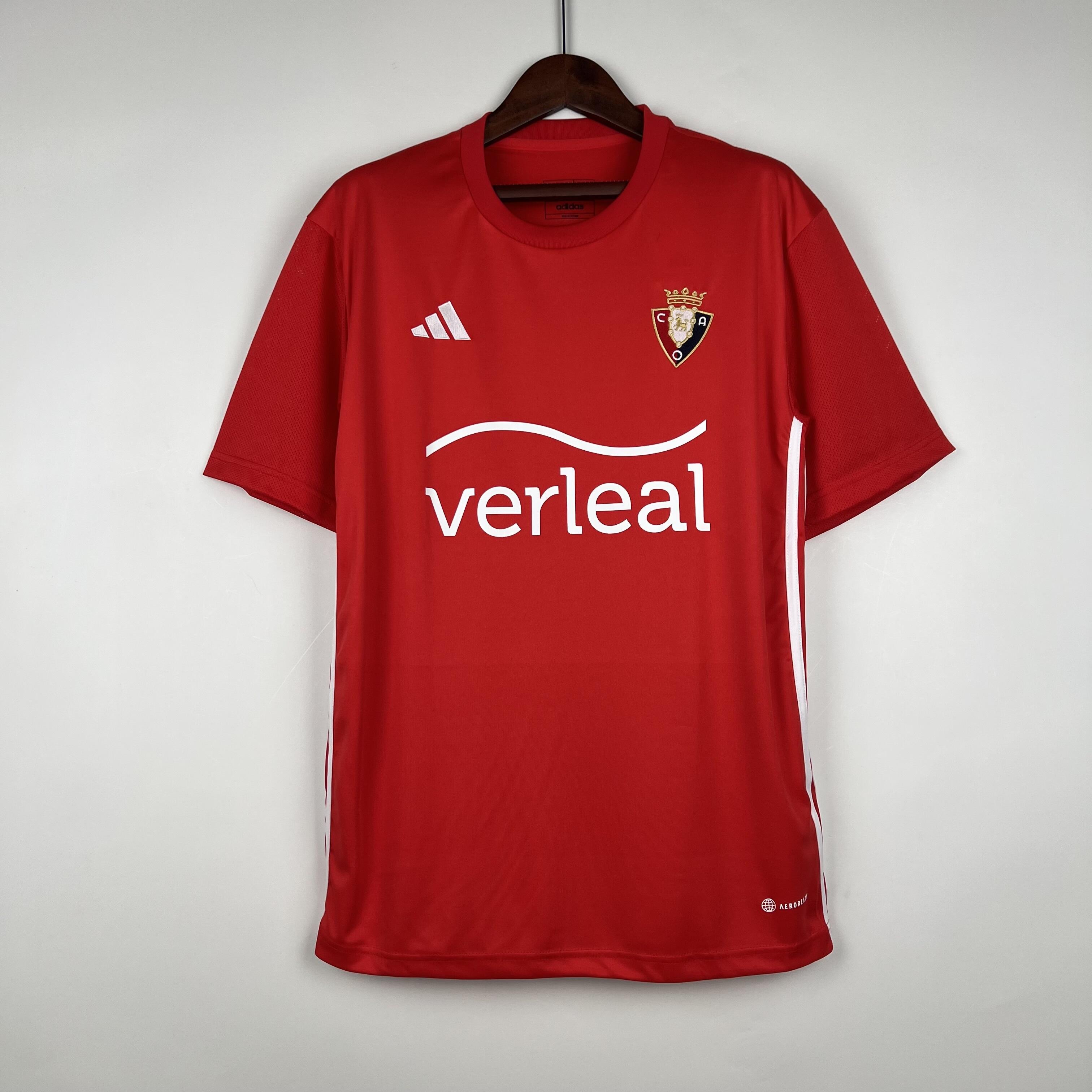 Mens Osasuna King Cup red Special Edition Jersey 2023/24 Mens Osasuna King Cup red Special Edition Jersey 2023/24 front view on display
