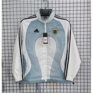 Front view of the Mens Argentina World Cup White Retro Windbreaker 2006 with sky blue Teamgeist panels