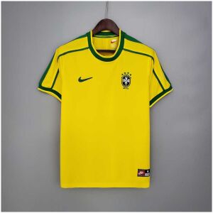 Mens World Cup Brazil Retro Home Jersey 1998 on hanger showing canary yellow body with green piping