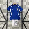 Kids World Cup Brazil Retro Away Kit 2002 on hanger showing blue jersey and white shorts with CBF crest