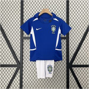 Kids World Cup Brazil Retro Away Kit 2002 on hanger showing blue jersey and white shorts with CBF crest