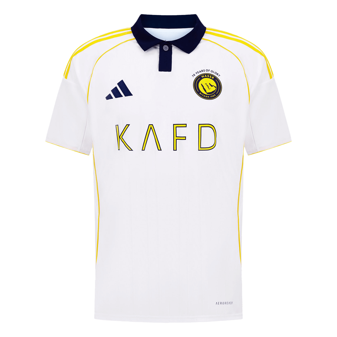 Mens Al Nassr Third Jersey 2025/26 Mens Al Nassr Third Jersey 2025/26 front view showing white torso and navy collar