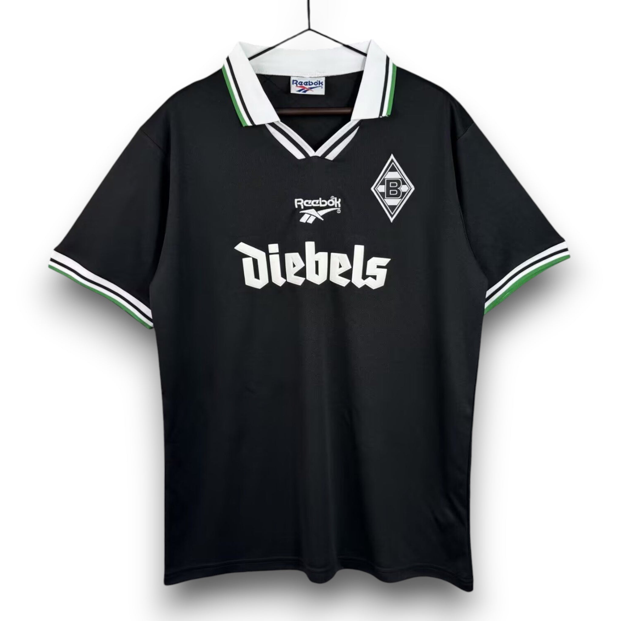 Mens Borussia Mönchengladbach 1996/97 Away Retro Shirt Mens Borussia Mönchengladbach 1996/97 black away retro shirt front view with white collar